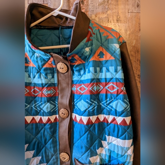 New Handcrafted By Donna Originals Aztec Blue Coat With Faux Suede Sleeves - Picture 5 of 15